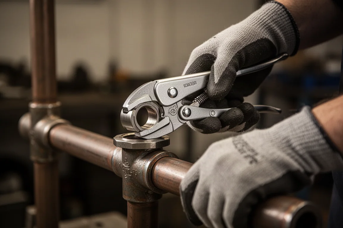 Mechanik pracujący złączkami hydraulicznymi za pomocą nastawnych szczypiec