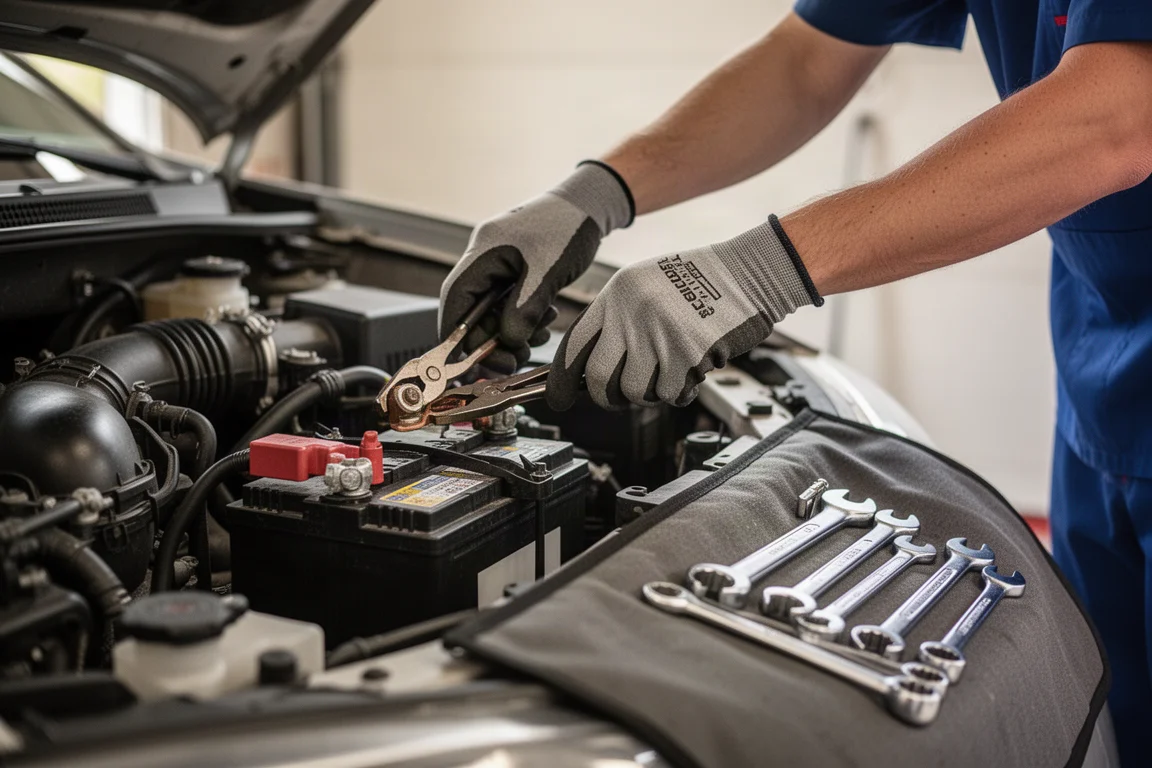 Mekaniker som arbetar nära ett bilbatteri i ett öppet motorrum
