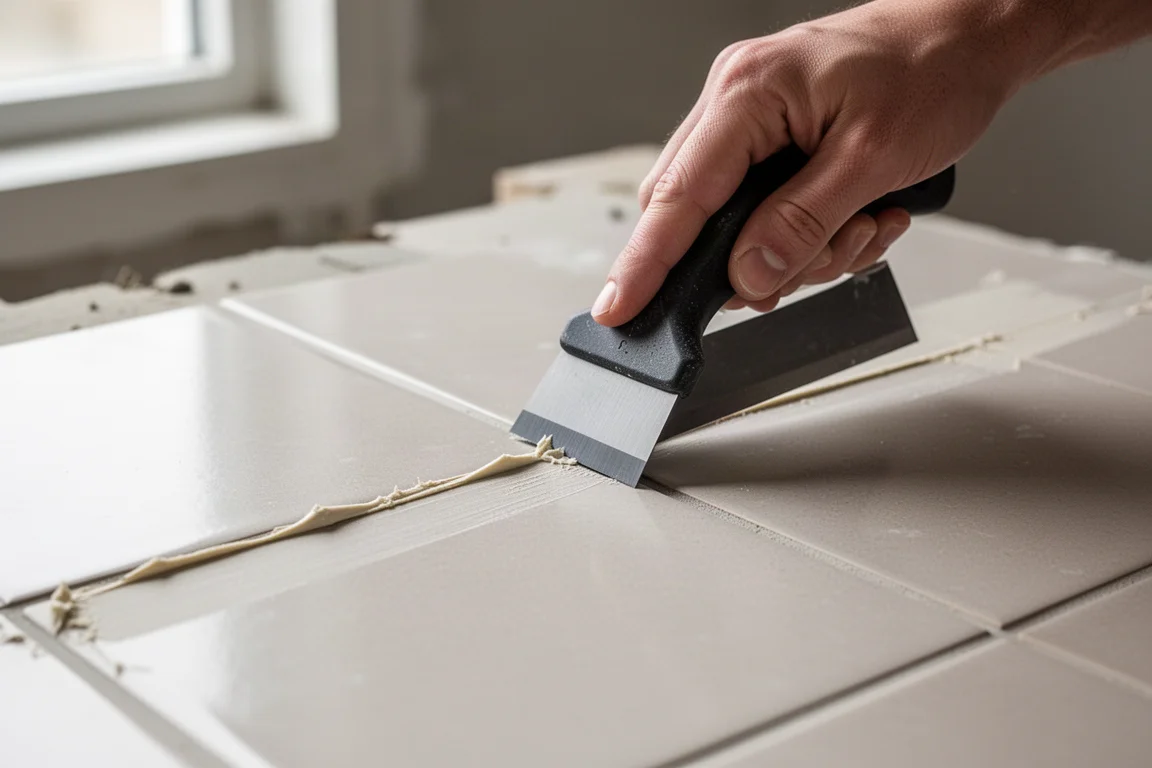 Raspador sendo usado para remover resíduo de uma superfície de azulejo