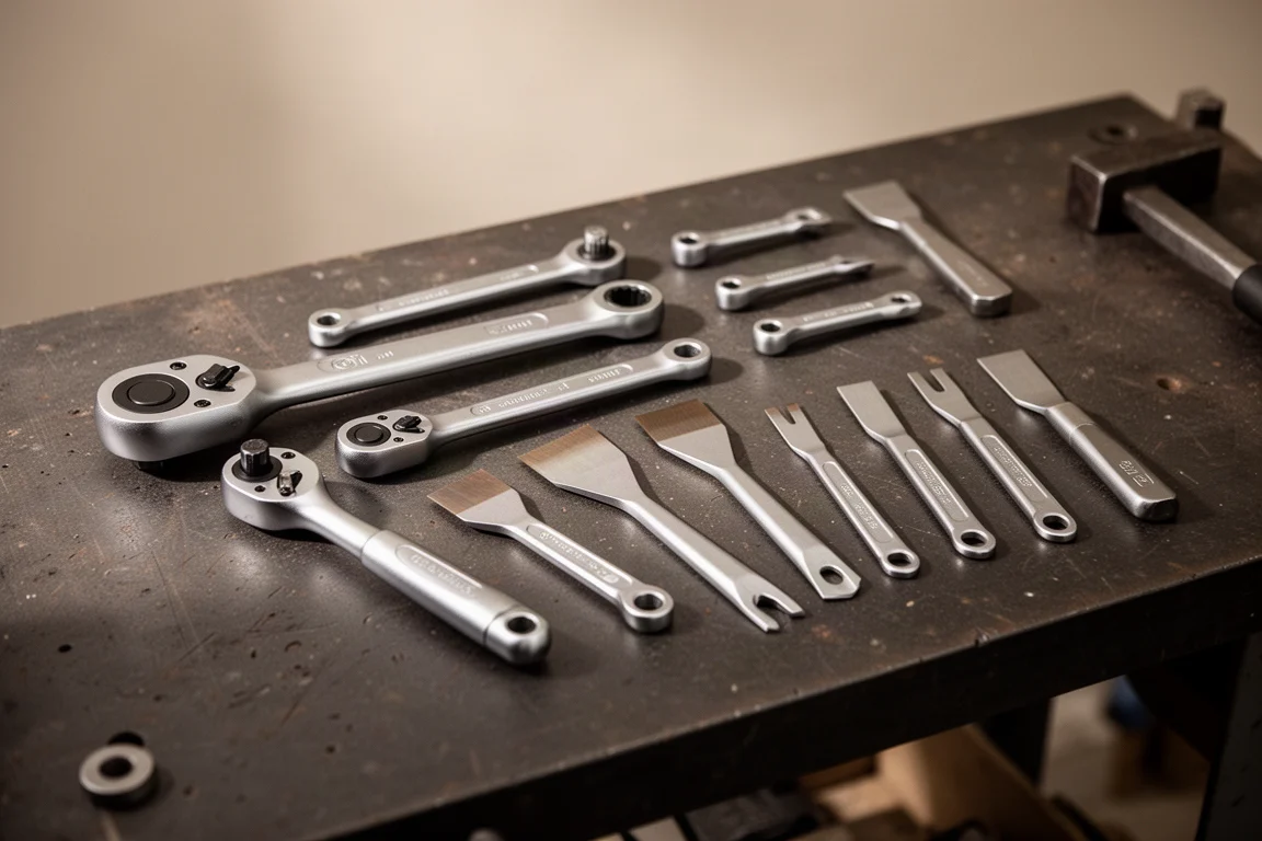 Diversas ferramentas manuais estilo Snap-on organizadas em uma bancada de oficina