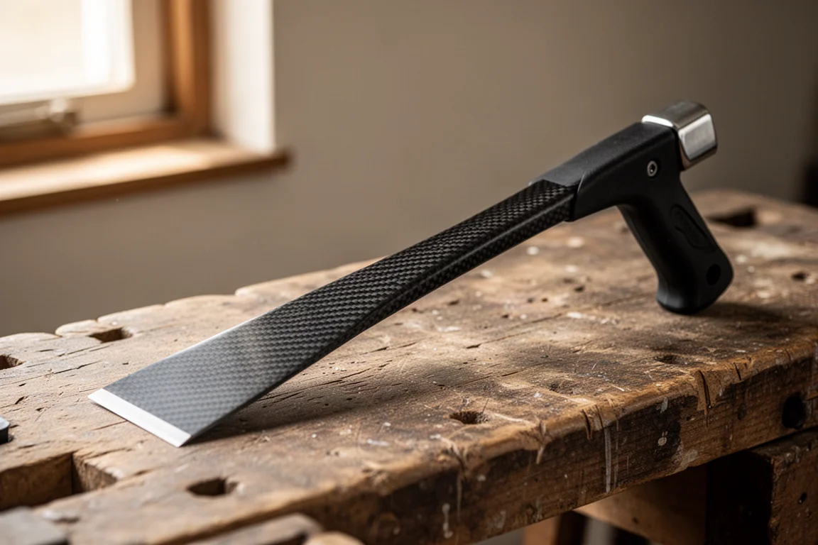 Angled-handle scraper resting on a workshop bench with a metal striking cap visible