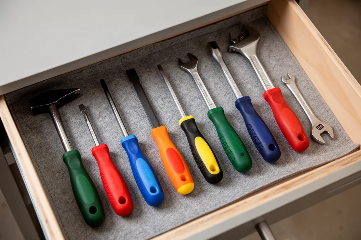 Workbench drawer with colorful tool handles lined up in rows