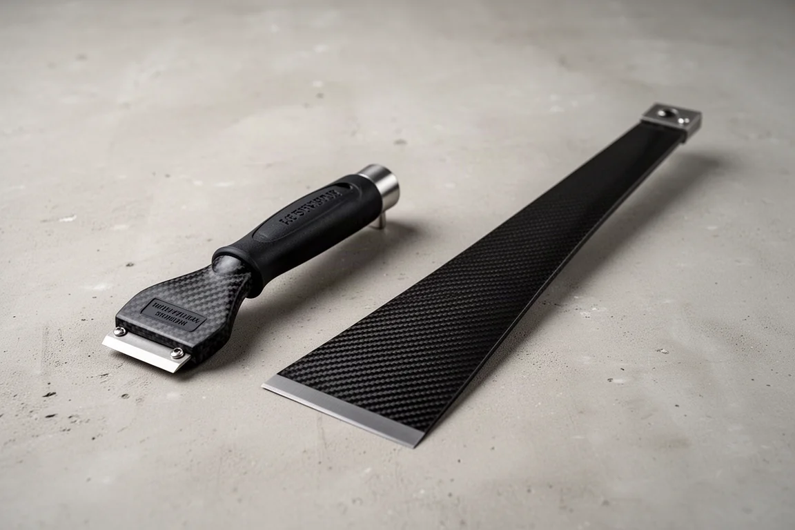 Short stubby scraper with heavy-duty handle held beside a standard-length scraper