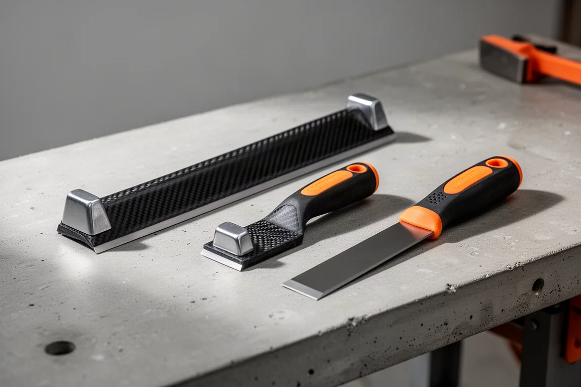 Three Snap-on carbon scrapers with angled, stubby, and standard handles on a concrete workbench