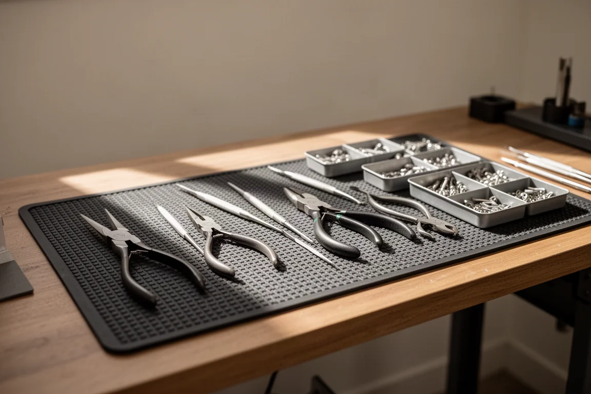 Établi d'un technicien avec des outils de précision disposés sur un tapis sombre