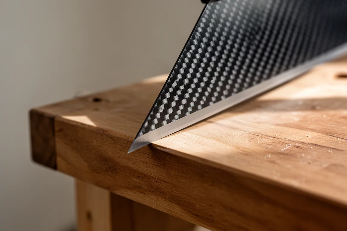 Close-up van een scherpe carbon scraper bladrand liggend op een houten oppervlak