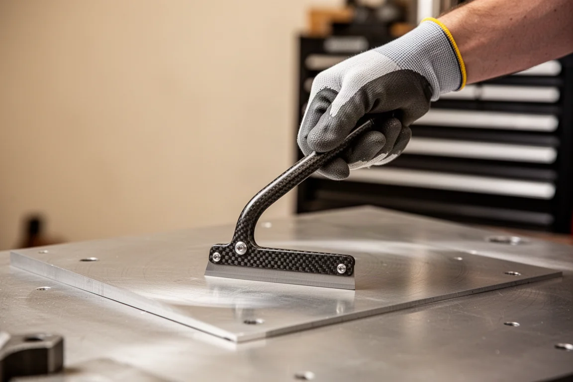 Monteur die een scraper met gebogen handvat gebruikt op een vlak motorenblok in een werkplaats