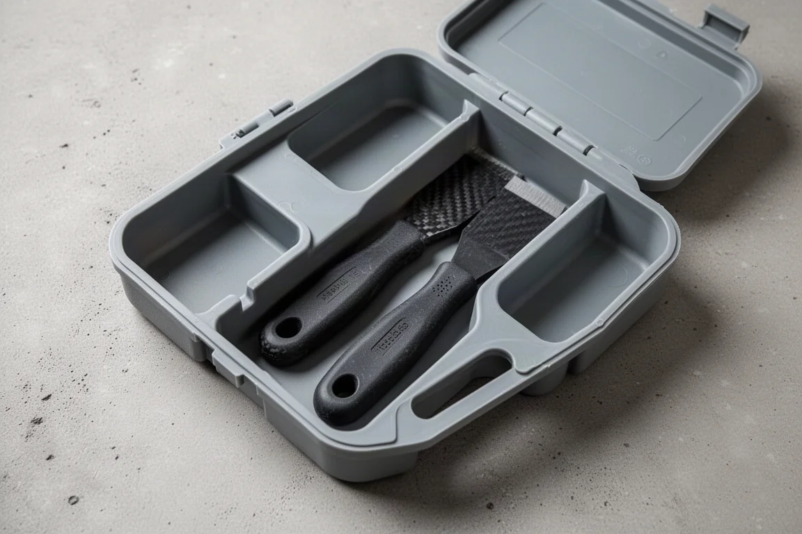 Scraper-set genesteld in een te grote plastic opbergkoffer