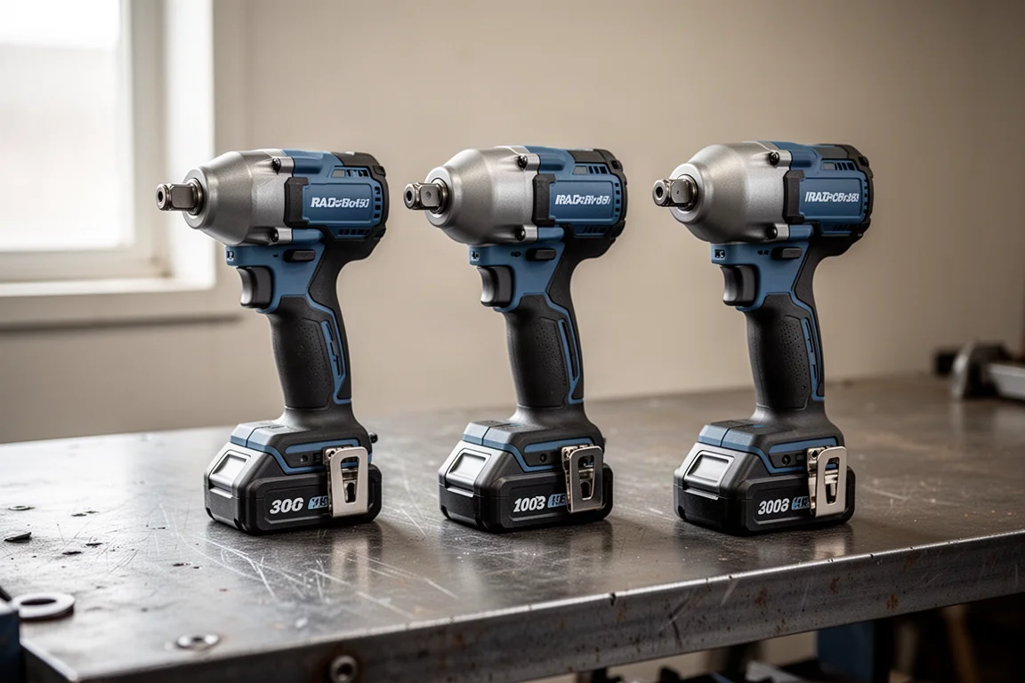 Three high-torque cordless impact wrenches lined up on a workshop bench