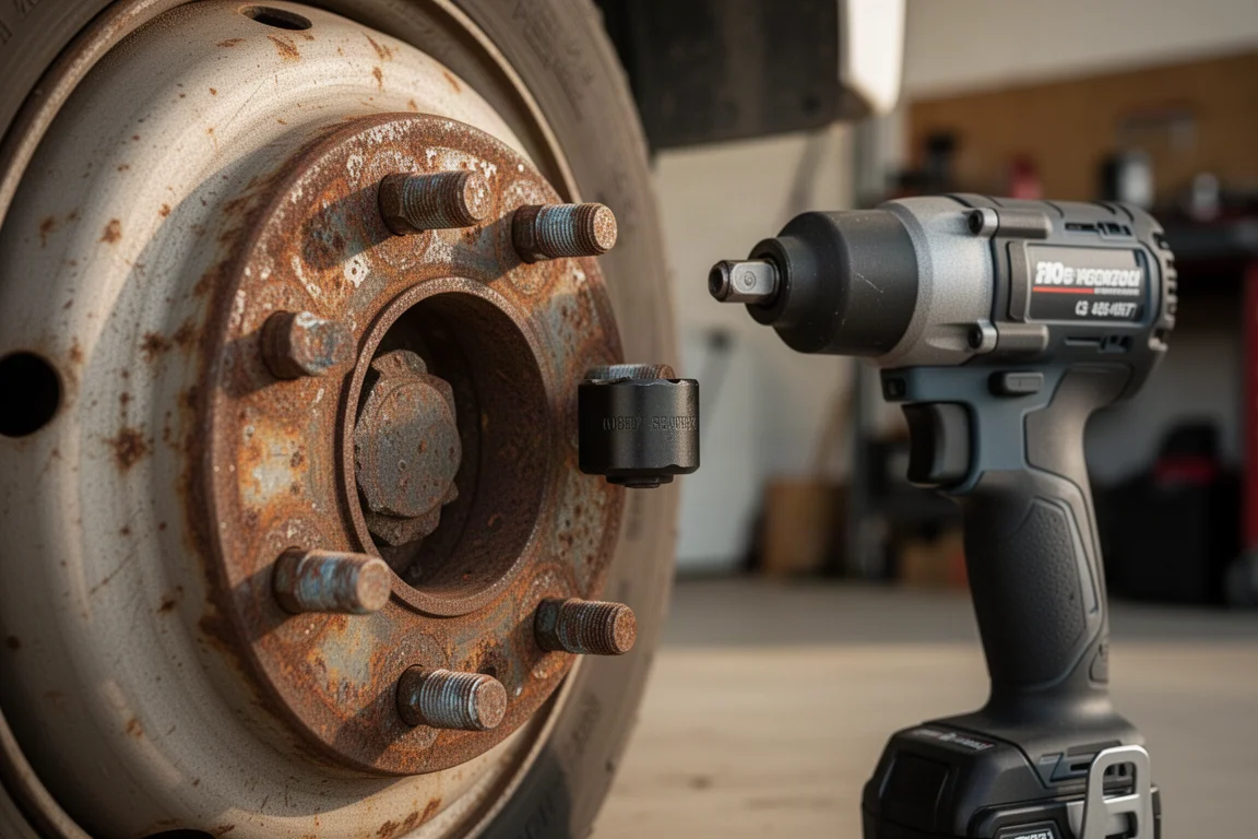 Rusted truck wheel bolts being worked on with a cordless impact wrench