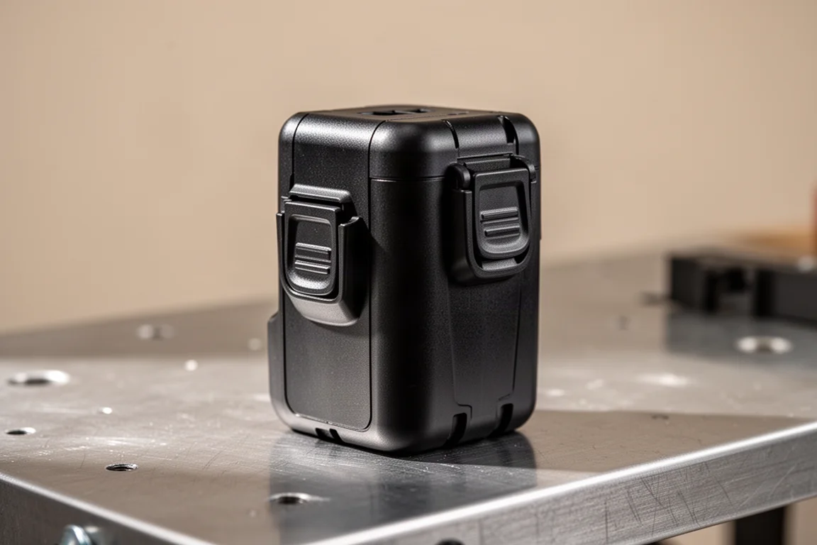Close-up of a 5 amp hour power tool battery with side trigger release latches