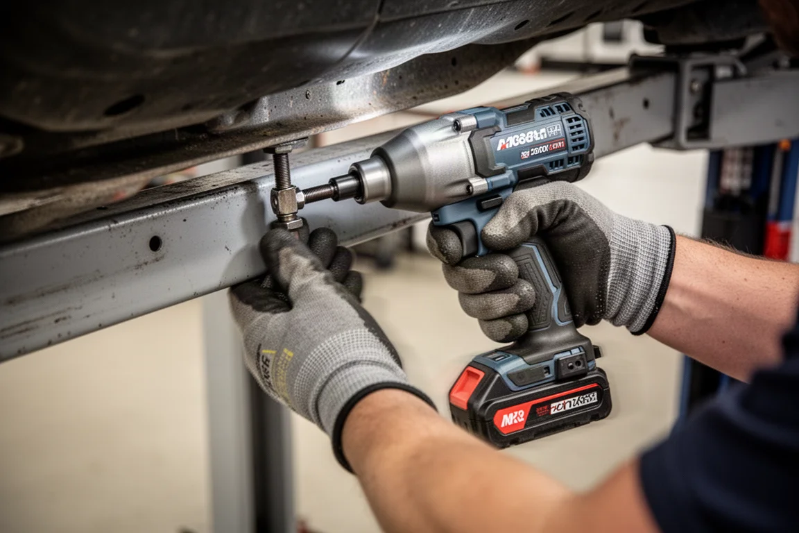 Mechanic gripping an impact wrench with both hands as it torques a tight bolt
