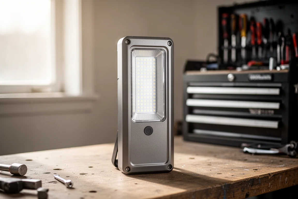 Luz de trabajo pesada de aluminio apoyada en el banco de un taller bajo luz suave