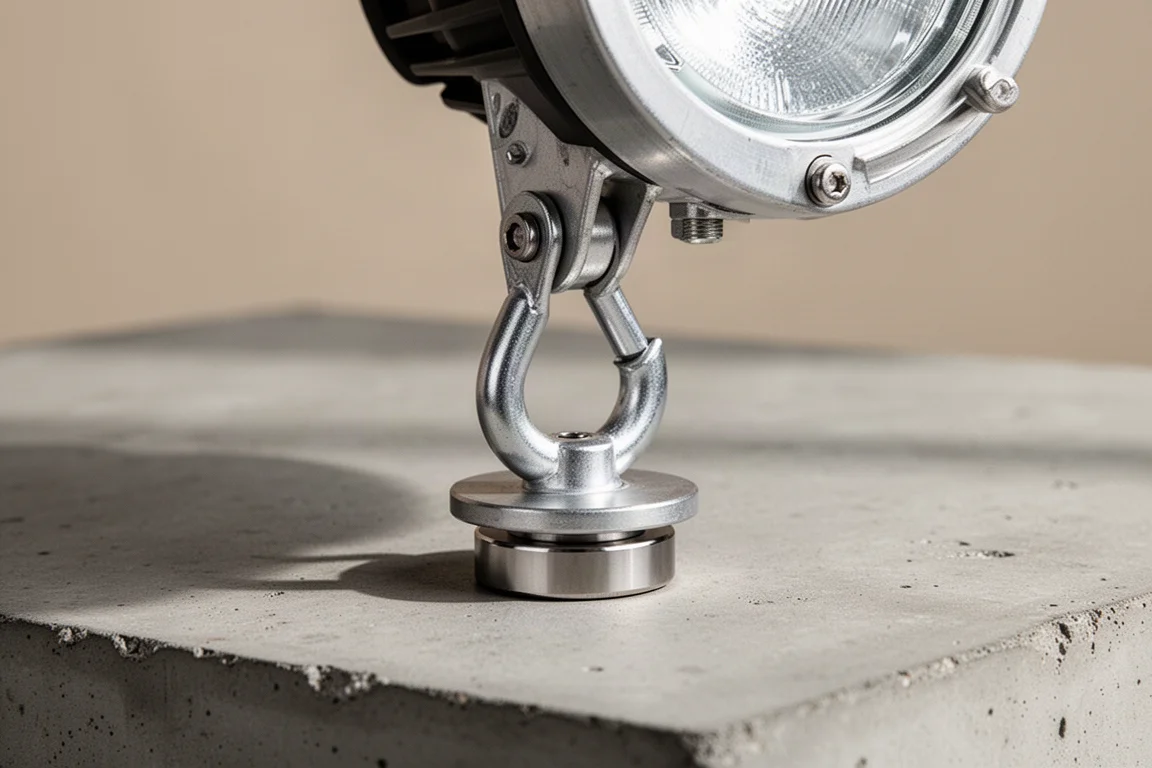 Detalle del gancho plegable y la base magnética de una luz de trabajo