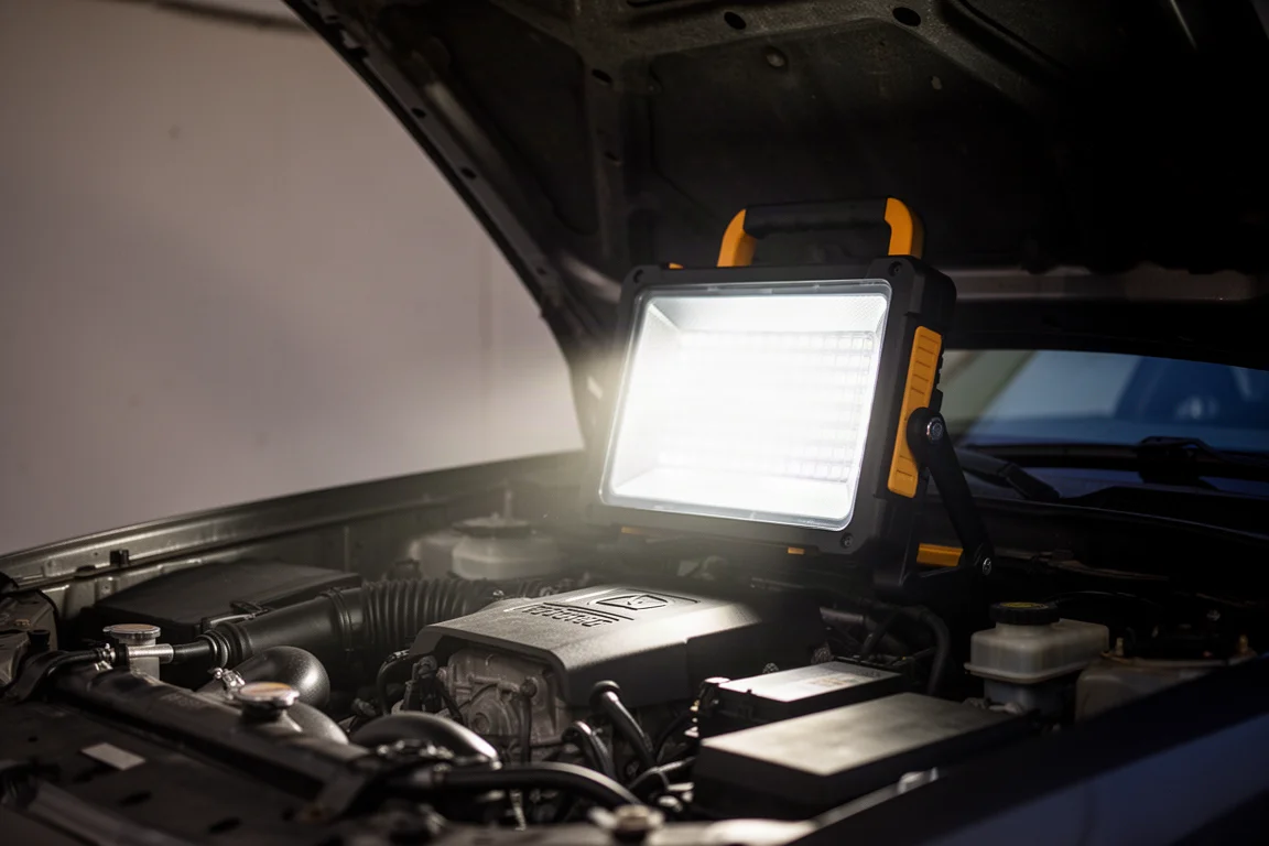 Luz de trabajo proyectando un haz brillante a través de un cofre de motor oscuro