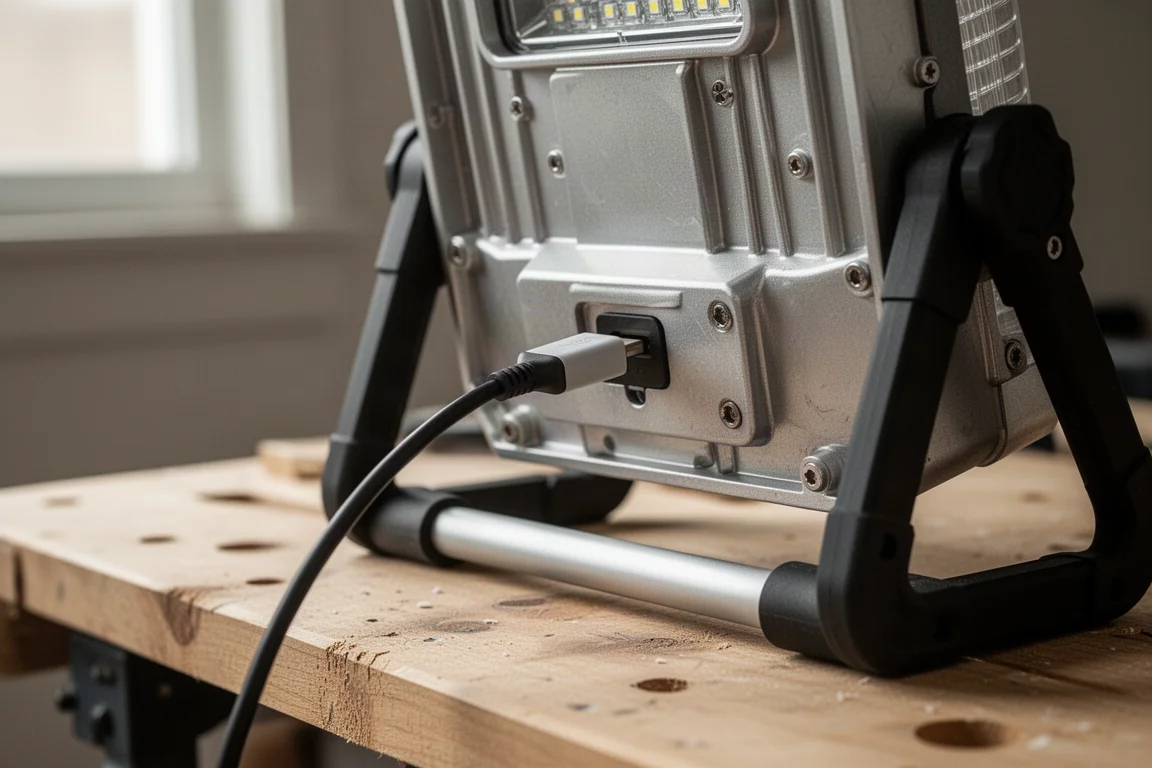 Cable USB-C conectado al puerto de carga de una luz de trabajo