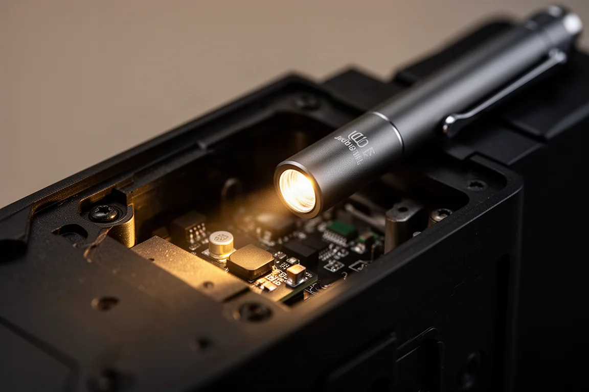 Gros plan sur l'extrémité d'une lampe stylo projetant un faisceau d'inspection ciblé dans un espace exigu