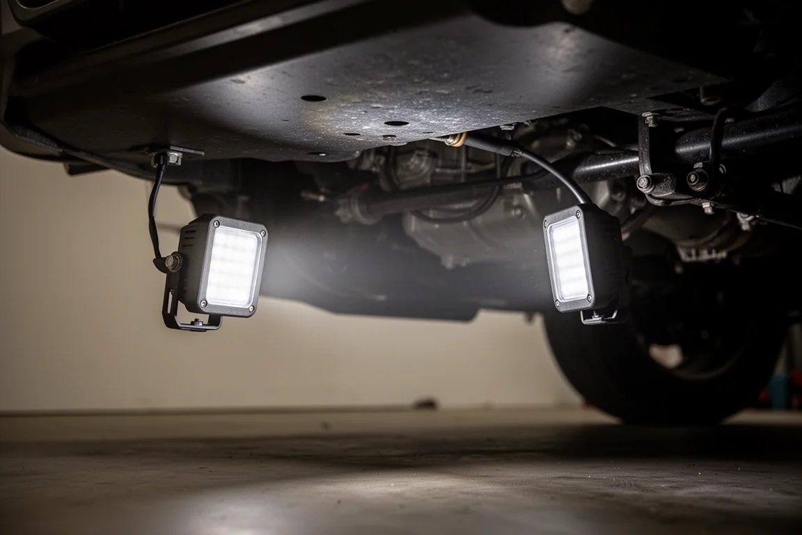 Lampe de travail avec panneau LED latéral éclairant le dessous d'un véhicule dans un garage sombre