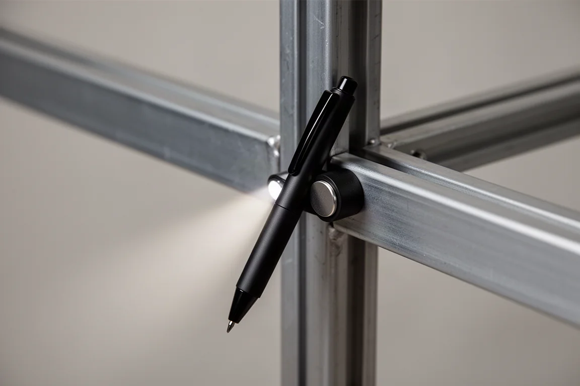 Lampe stylo avec deux aimants fixés à un cadre métallique et tenant en place