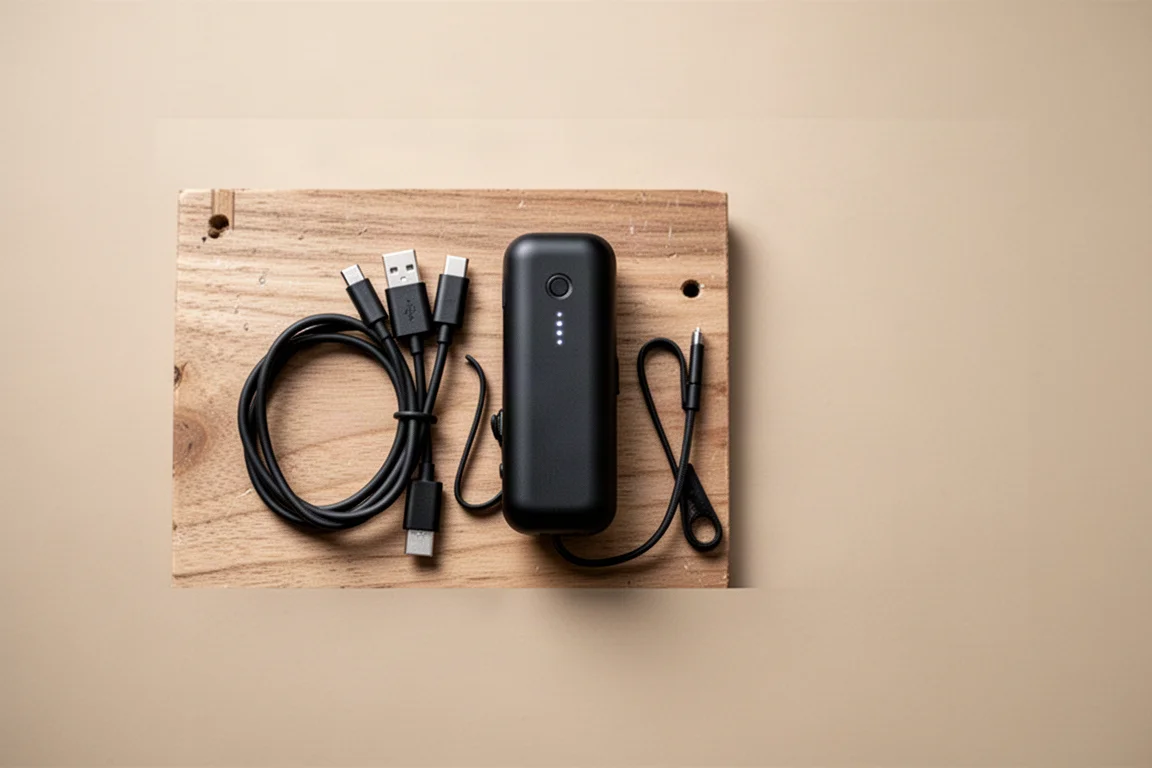 Vue à plat d'une lampe de poche compacte avec câble de charge et indicateur de batterie sur un établi