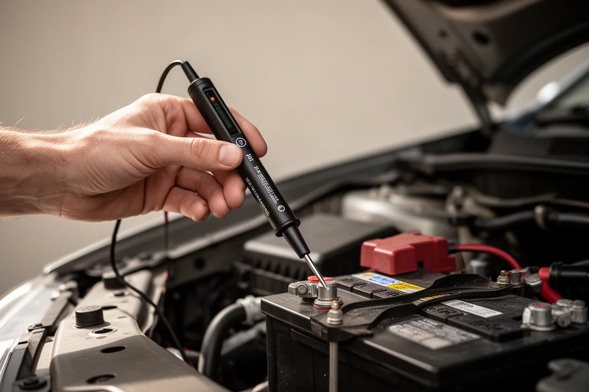 Technicien tenant une sonde de testeur de circuit contre la borne d'une batterie de voiture dans un compartiment moteur ouvert