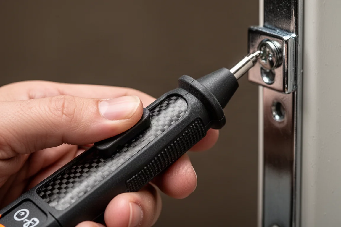 Gros plan sur la poignée en plastique infusée de carbone d'un testeur de circuit pressée contre une surface métallique