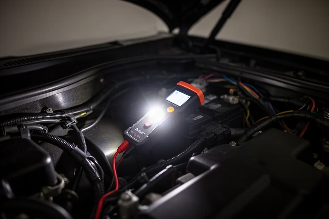 Testeur de circuit s'illuminant vivement dans un compartiment moteur sombre la nuit