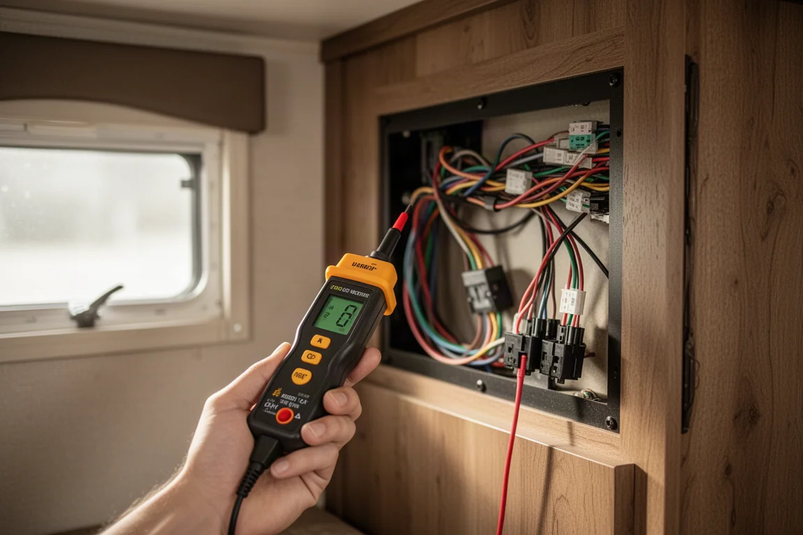 Panneau de câblage intérieur de camping-car vérifié avec un testeur de circuit tenu en main