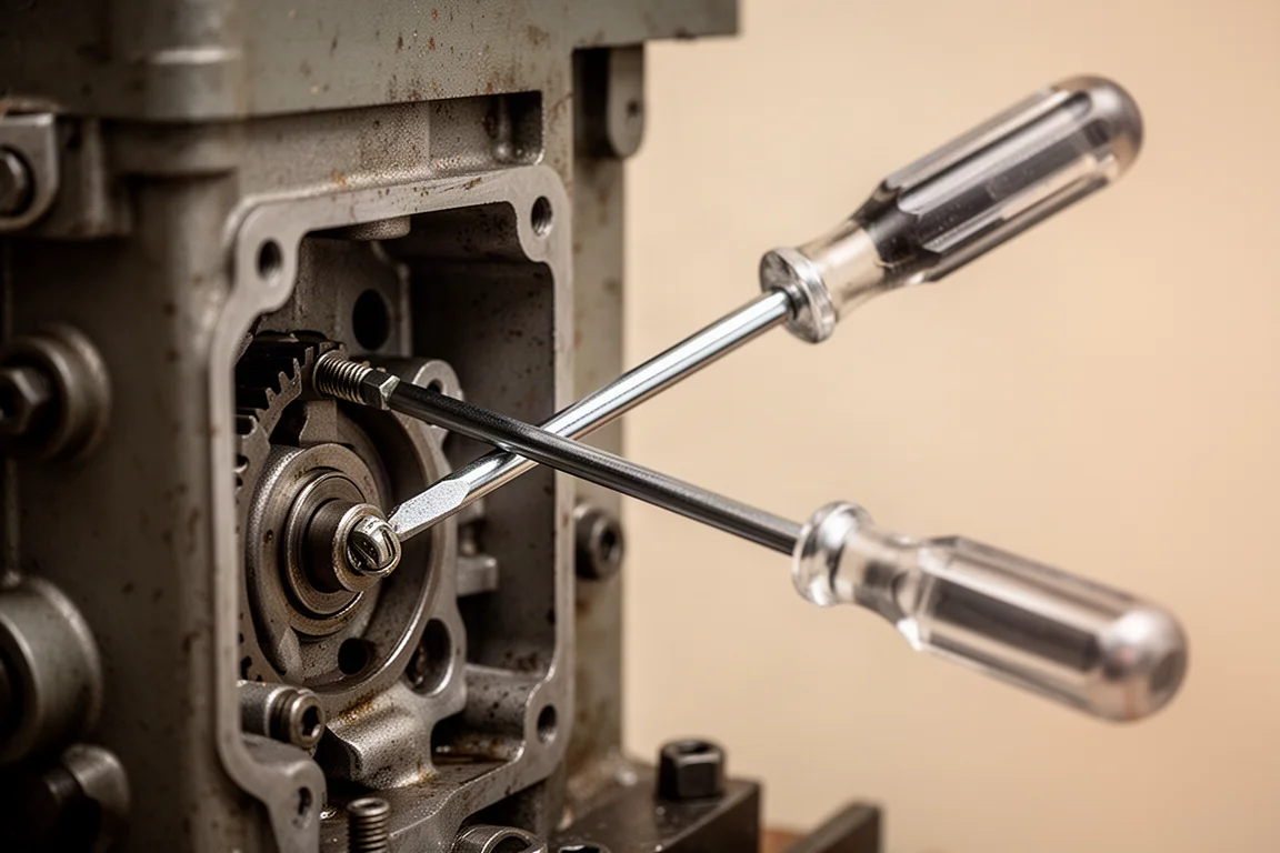 Long shaft screwdriver reaching a deep-set screw while a hand works far from the fastener