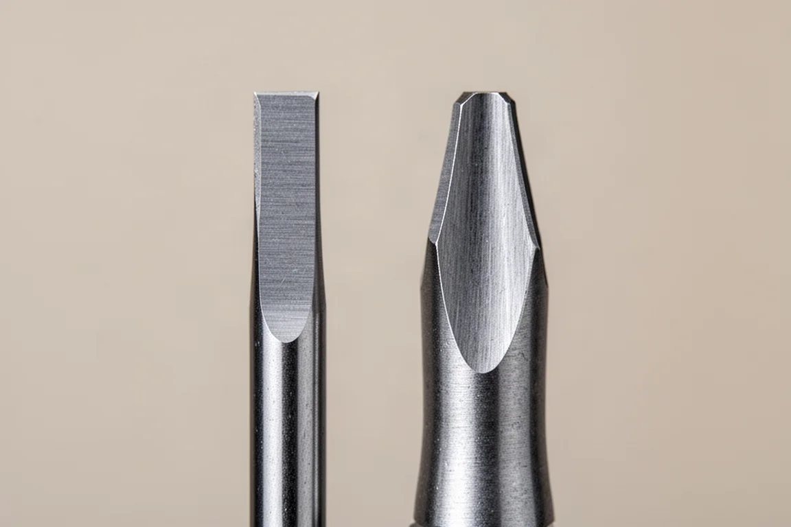 Close comparison of a narrow cabinet screwdriver shaft and a wider keystone flared blade