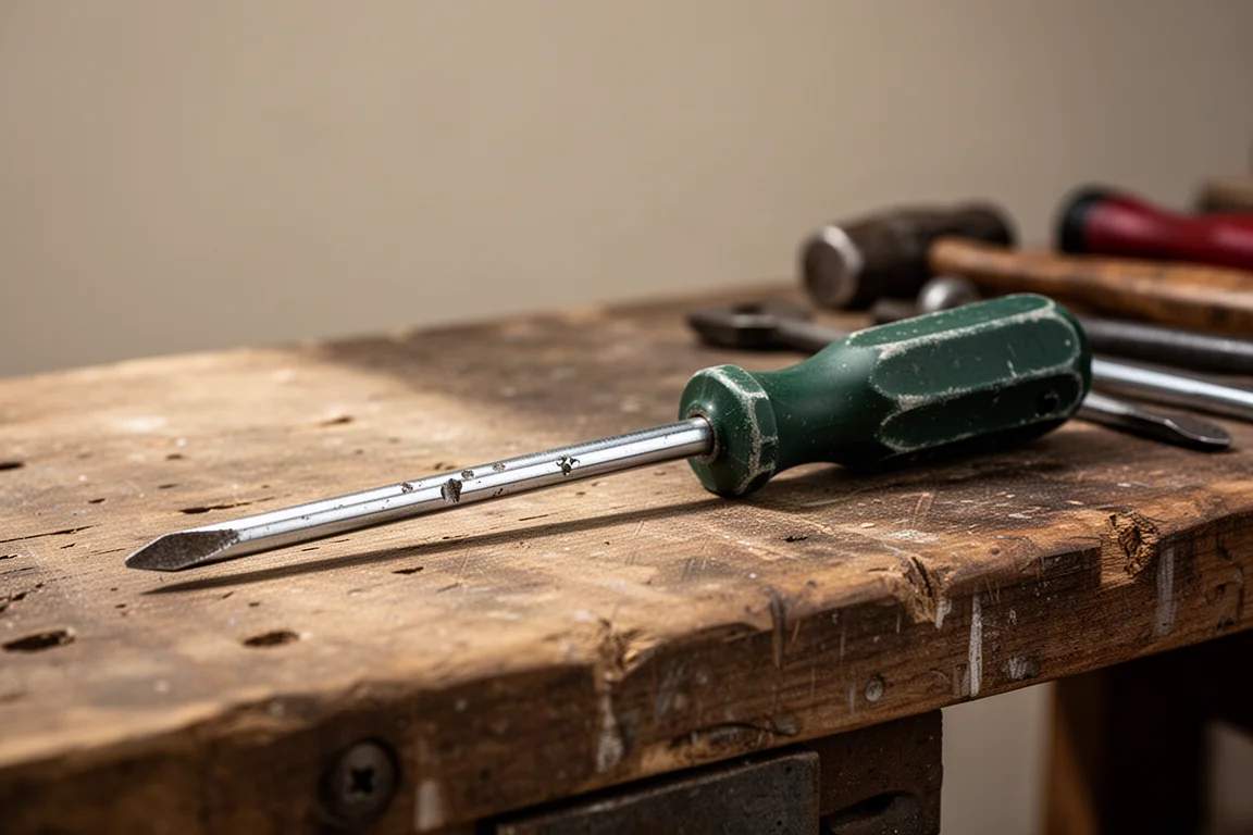 Aged green-handled Snap-on screwdriver with visible wear next to a newer replacement shaft