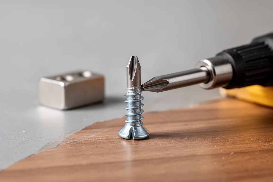 Budget long screwdriver tip being tested on a screw, showing wear after heavy use