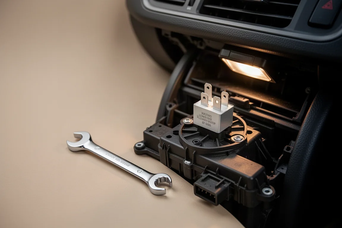 Ein einzelner kleiner Ratschenschlüssel, liegend auf einem Toyota-Motorbauteil