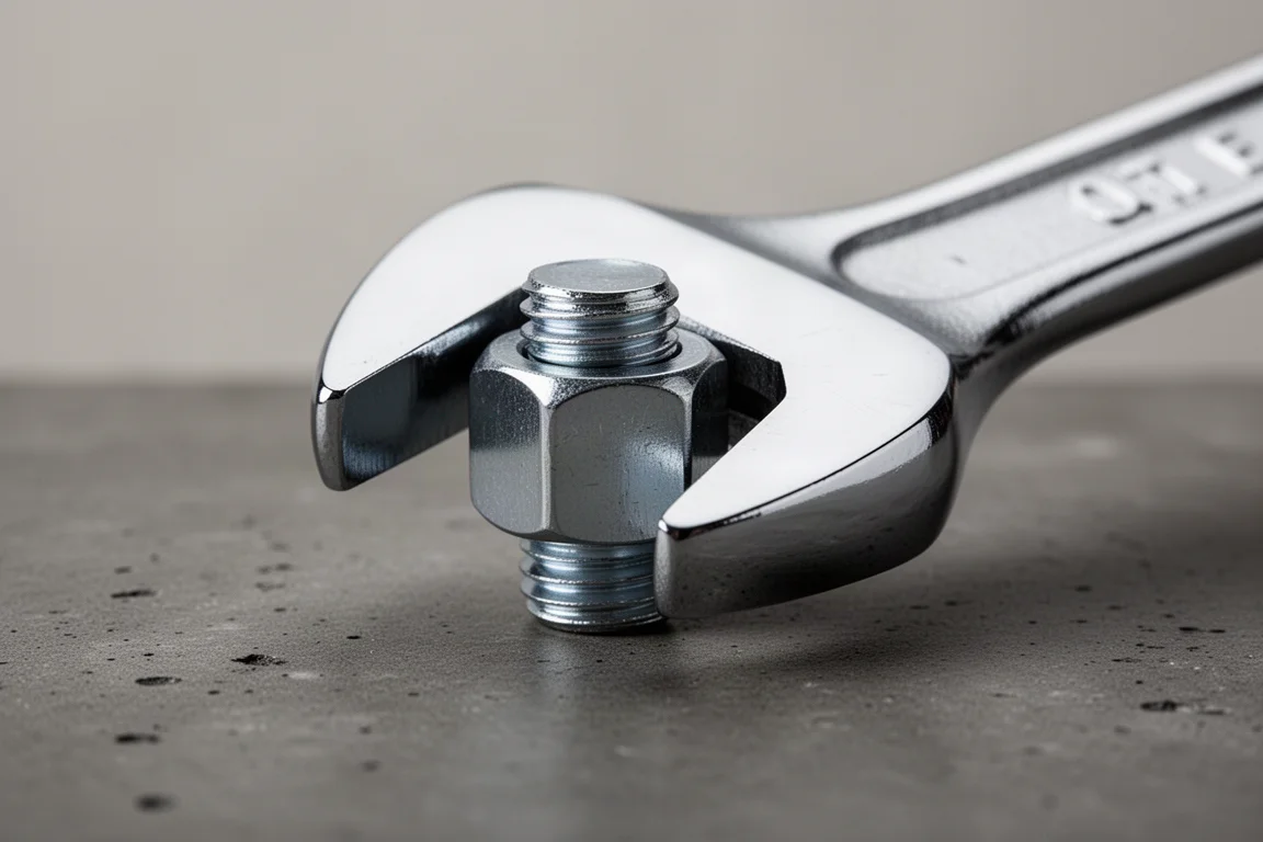 Close-up of an open-end wrench jaw engaging a hex fastener on a workbench