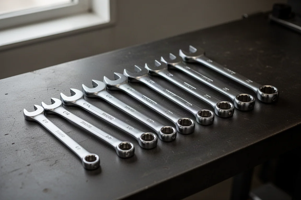 Row of combination wrenches laid out in size order on a workbench