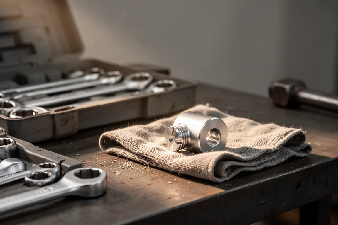Mechanic's workbench with wrenches and a soft metal fastener under warm light