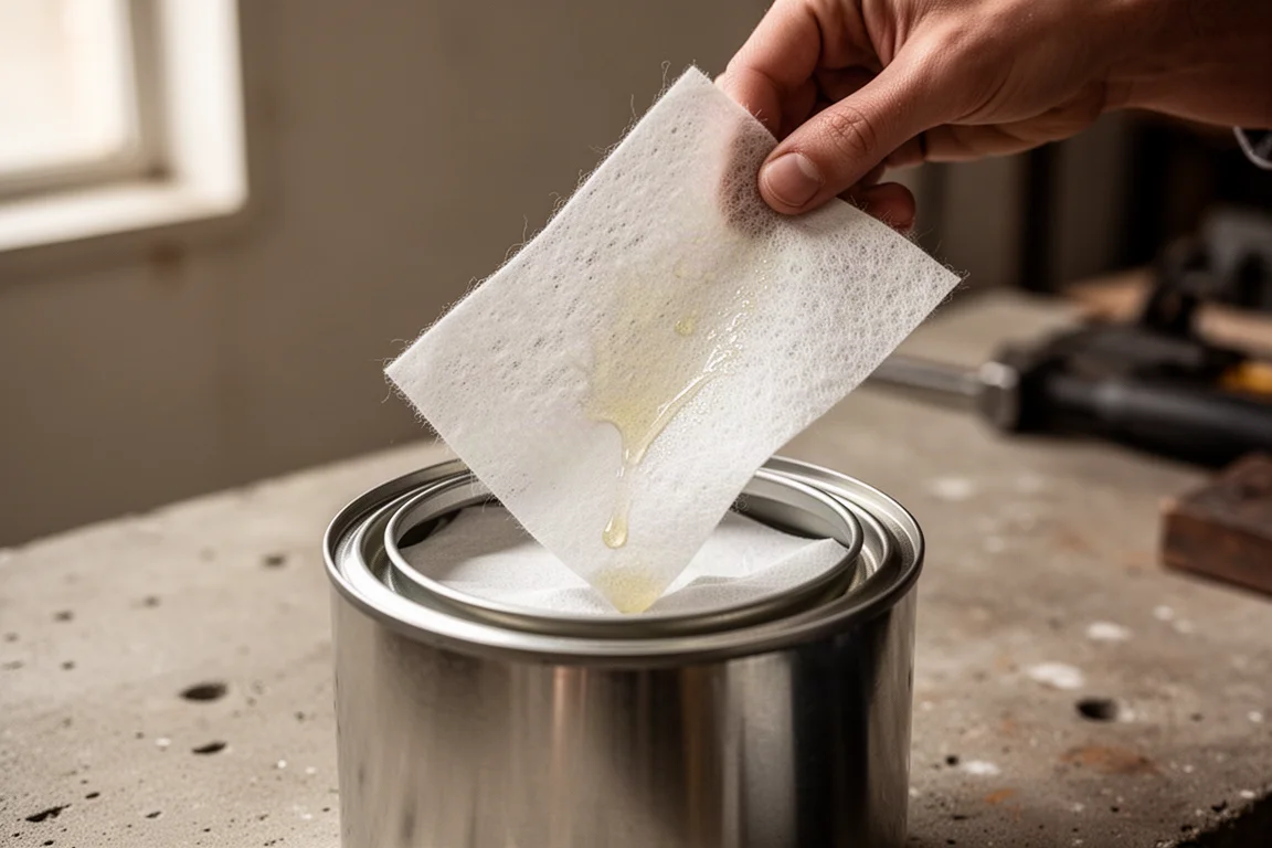 A wipe pulled from a canister showing its lightly oiled, cloth-like texture
