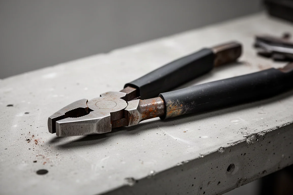 Pliers with rust-stained dipped handles on a workbench before cleaning