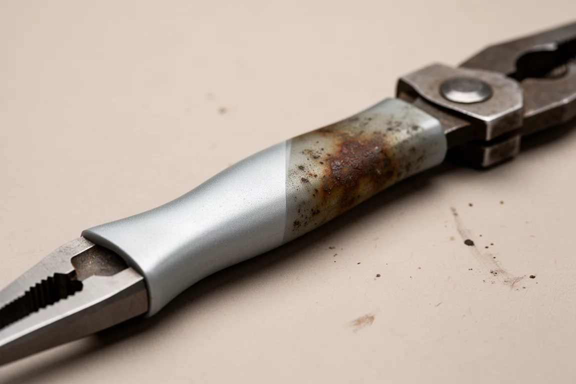Half-cleaned pliers handle showing a clear contrast line between clean and grimy surfaces