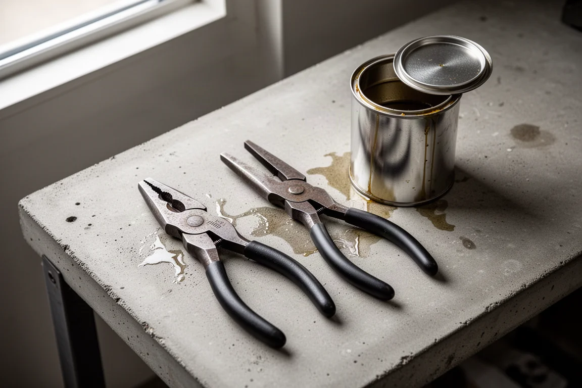 Restored pliers with clean dipped handles laid out beside an open wipe canister