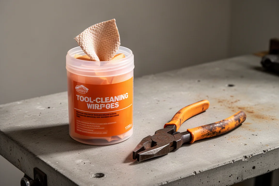 Tool-cleaning wipe canister beside rust-stained pliers on a concrete workbench