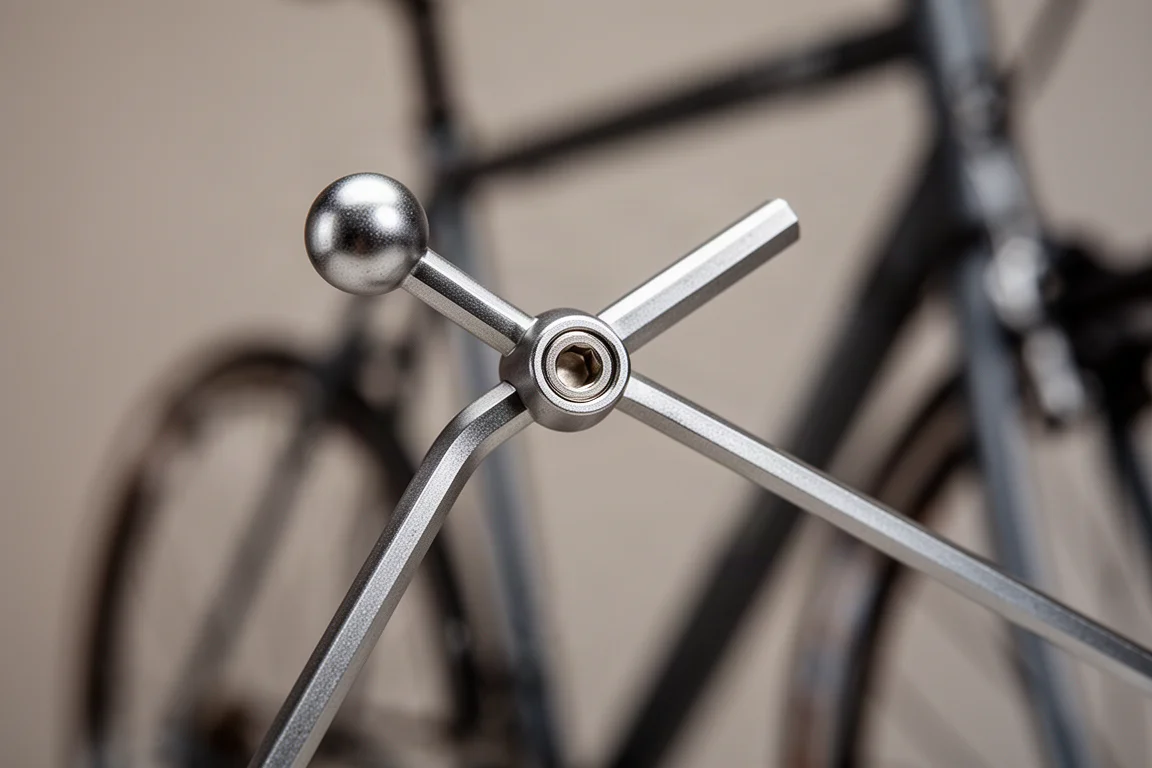 Llave hexagonal de punta esférica accionando un tornillo en ángulo sobre un componente de bicicleta