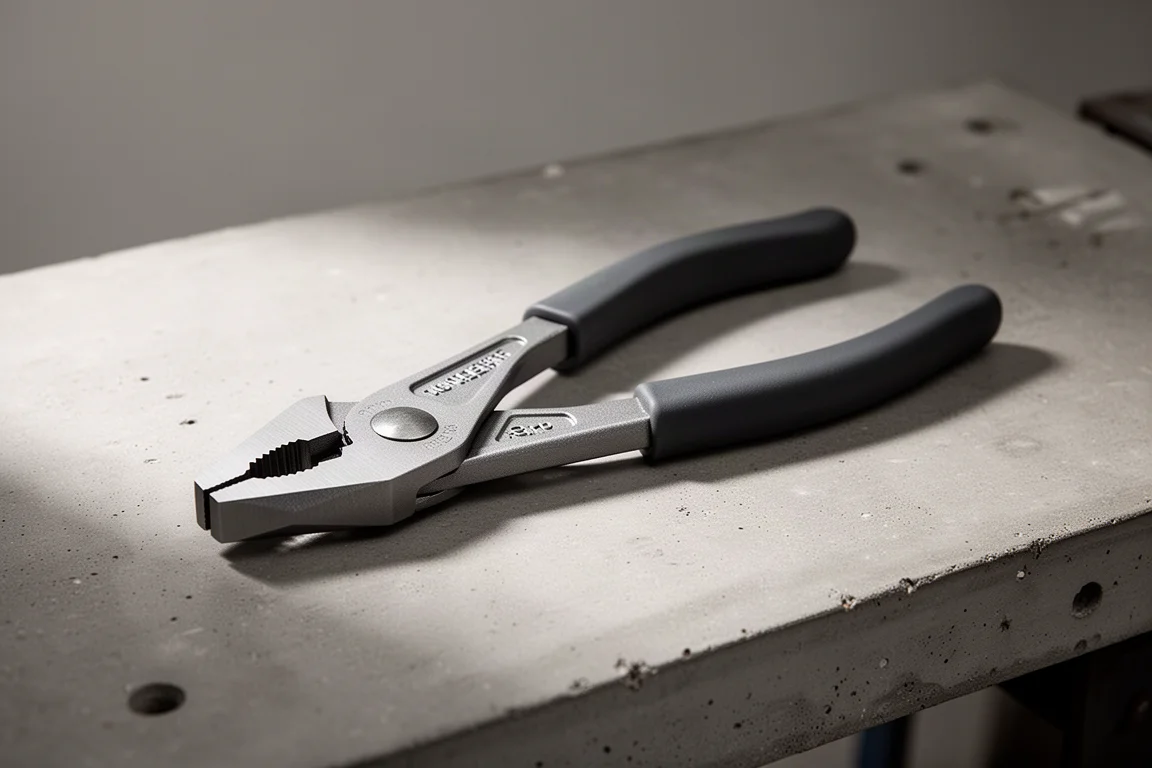 8-inch flank jaw slip joint plier on a concrete workbench surface