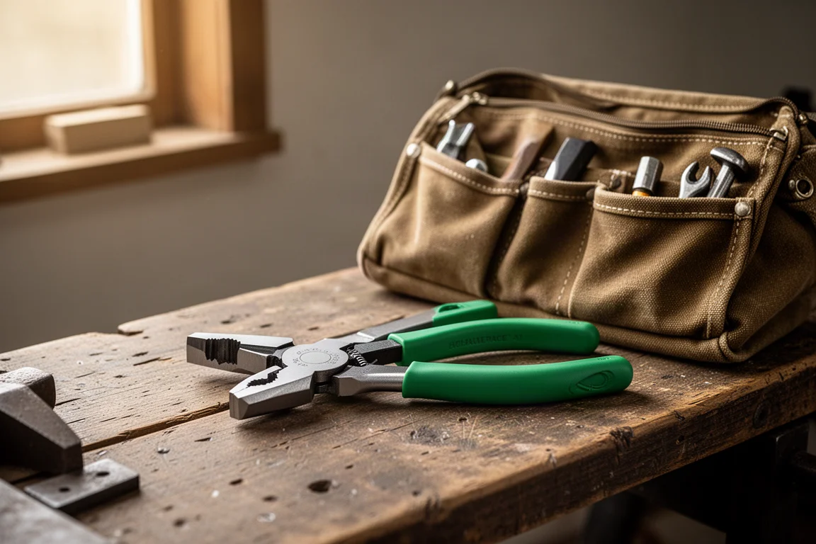High leverage pliers resting on a workbench beside a tool bag