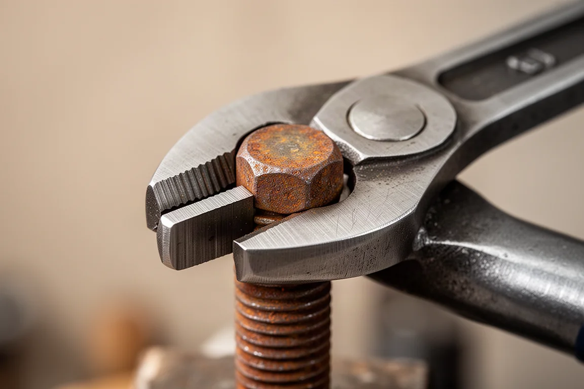 Close-up of plier jaws gripping a stubborn bolt head