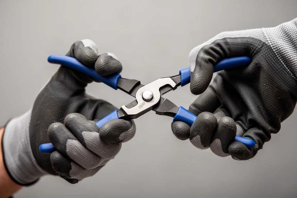 Hand squeezing plier handles to show joint play inspection