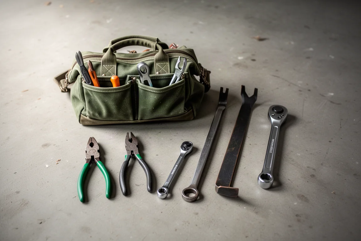 Tool bag packed with hand tools on a garage floor