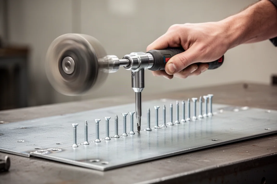 Kurbelgriff-Schraubendreher in der Hand eines Mechanikers mit Handschuh, der über einer Motorabdeckung schnell gedreht wird