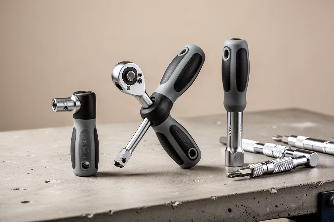 Three Snap-On style ratcheting screwdriver handles with soft grips on a workbench
