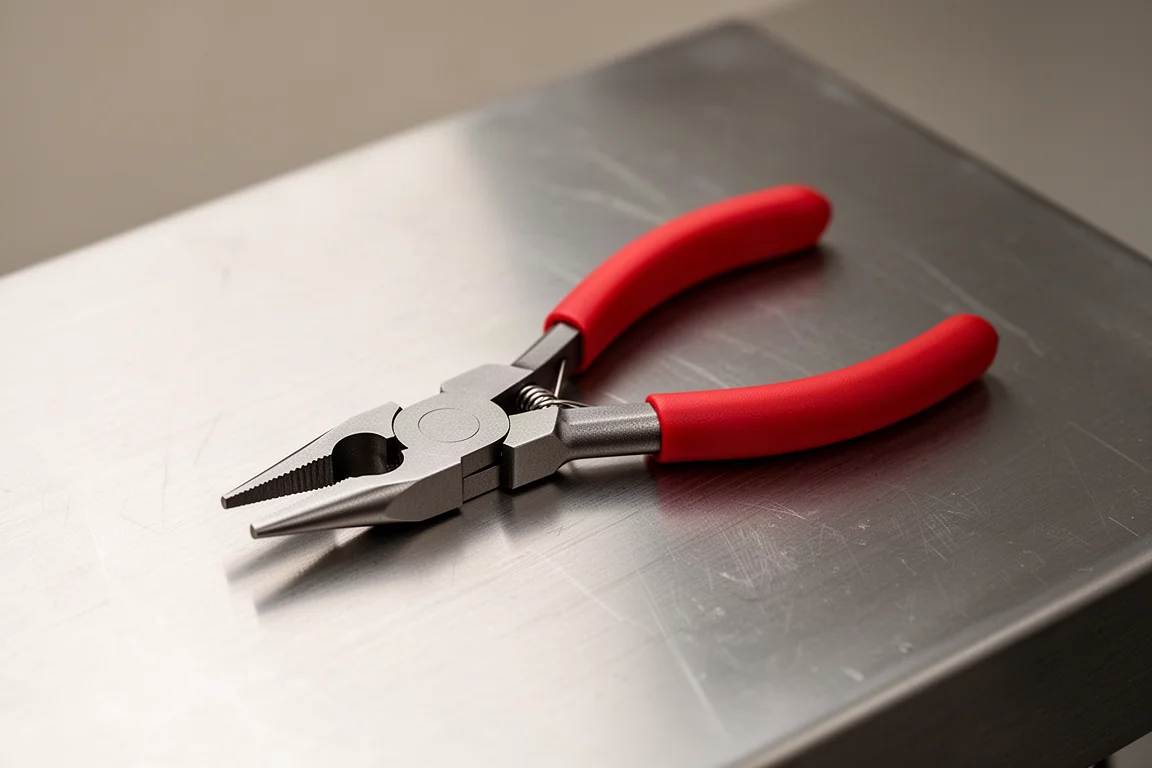 Compact mini needle nose pliers on a brushed steel workbench